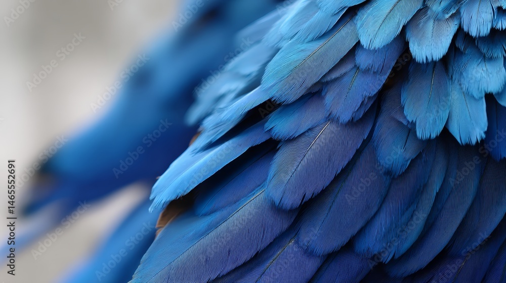 Aufkleber Detailed close-up reveals the stunning intensity of blue bird plumage, highlighting layered feathers in soft light, creating a captivating visual effect