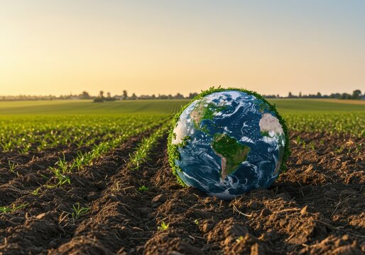 Globe with vegetation on a plowed field at sunset, concept of sustainable agriculture