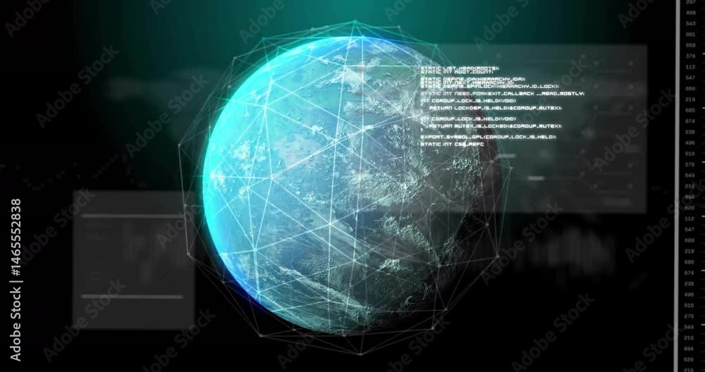Poster holographic earth globe rotating in 3d interface, showing wireframe network and data panels
