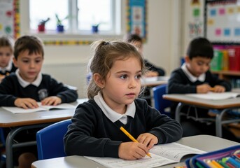 Young girl in classroom writing in notebook with other students in background