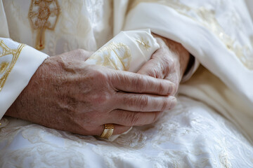 Close-up of the hands of the Pope, an elderly man holding a liturgical cloth during a religious ceremony