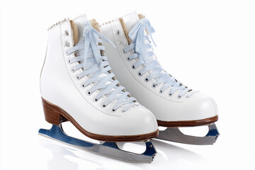 High-quality white ice skates with blue laces on a reflective surface showcasing a classic design for skating enthusiasts