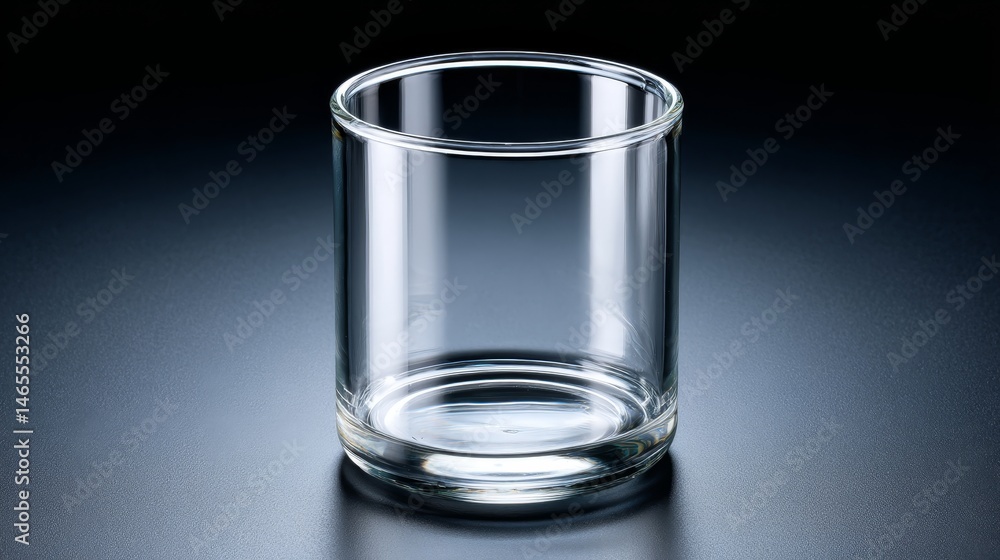 Poster An empty glass beaker stands on a matte black surface, showcasing soft light reflections. The composition provides ample copy space on the right side for any text