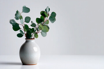 Elegant green eucalyptus branches arranged in a simple white vase on a clean table background
