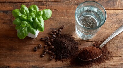 Close-up of a frosty glass filled with sparkling water, adorned with basil leaves, alongside coffee grounds on a rustic table, creating a refreshing composition