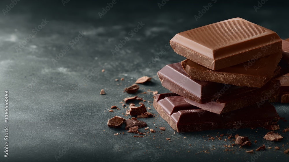 Poster A close-up view captures layers of bittersweet chocolate slabs arranged artfully against a matte black surface, showcasing rich textures and hues under soft lighting