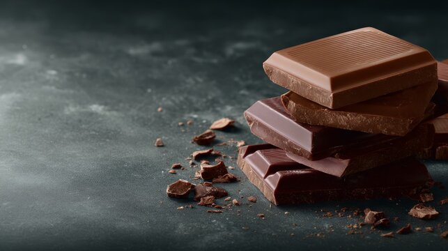 A close-up view captures layers of bittersweet chocolate slabs arranged artfully against a matte black surface, showcasing rich textures and hues under soft lighting