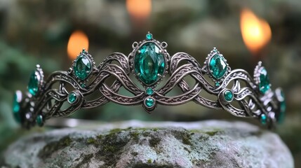 Fototapeta premium A green and black tiara with a green stone on top. The tiara is on a rock