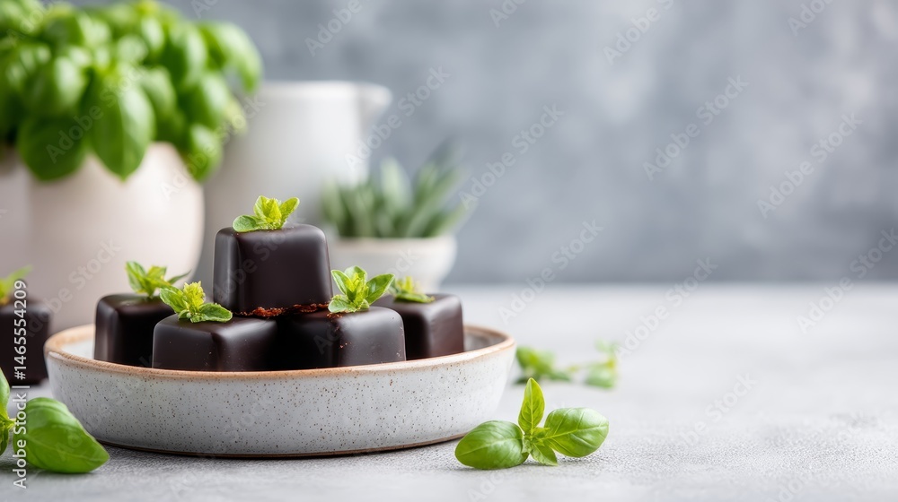 Poster close-up of a carefully arranged stack of mocha squares on a granite plate, surrounded by fresh basi