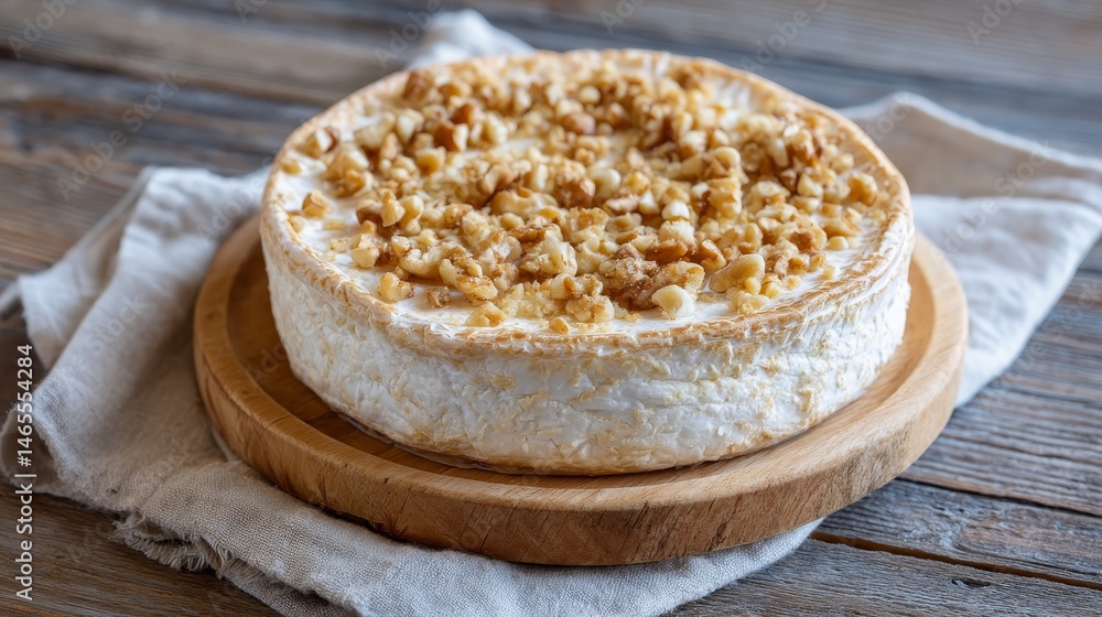Poster A rustic cheese round sits on a wooden board, adorned with crushed pecans, creating an inviting presentation perfect for culinary displays or menus
