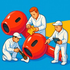 Tres técnicos diminutos limpian y revisan un par de auriculares inalámbricos rojos gigantes sobre un fondo azul brillante, utilizando paños, pinceles y una tablet.