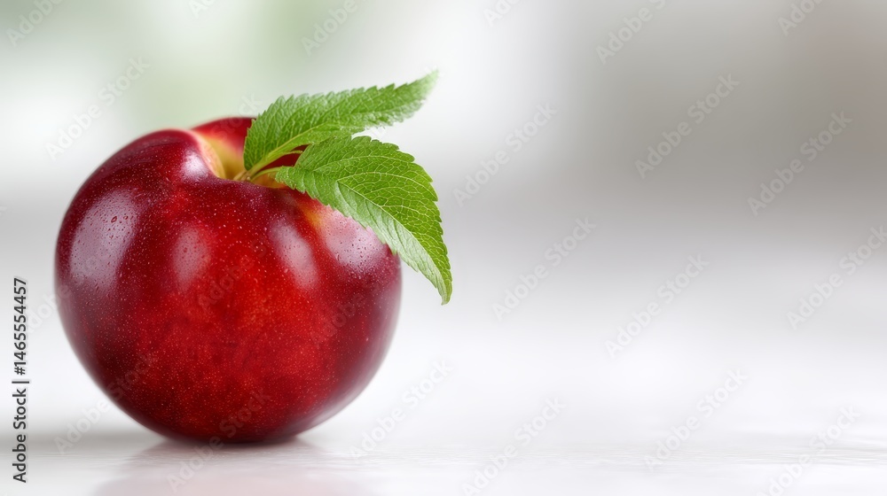 Fototapete a single ripe peach with a vibrant leaf rests on a bright white surface, illuminated softly, creatin