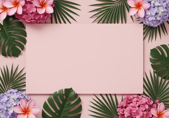 Obraz premium Tropical floral frame with pink background and copy space for text or design