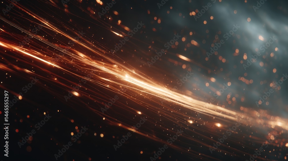 Fototapete Glowing particles swirl in a digital orbit, set against a shiny metallic backdrop, providing ample copy space for design needs, blending technology with artistry
