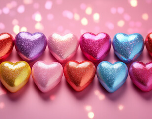 Fototapeta premium colorful heart shaped candies arranged in a row against a pink background showcasing vibrant hues and a shiny glittery finish