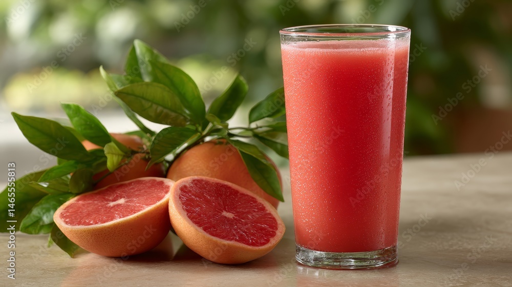 Poster chilled glass filled with sparkling grapefruit juice sits beside fresh grapefruit slices and zest, i