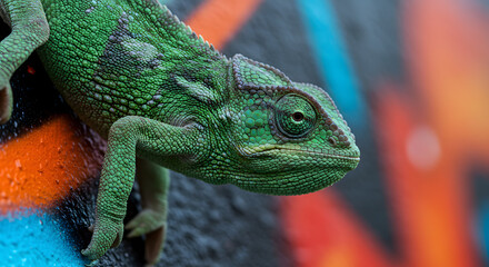 Obraz premium Green chameleon on colorful graffiti background displaying unique patterns