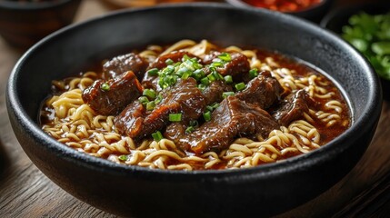 Fototapeta premium Tangy hearty beef stew with tender beef chunks in rich savory sauce served over steaming noodles garnished with fresh herbs in a black bowl