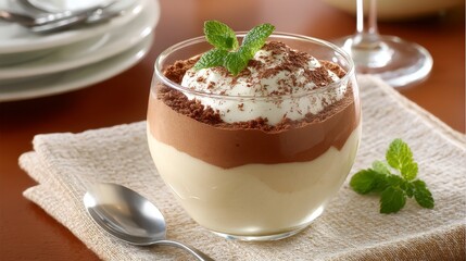 Experience the richness of chocolate mousse elegantly layered with creamy texture and biscuit crumbs, beautifully displayed with a white dish and appealing garnishes