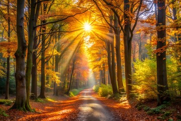 Sunlight Filtering Through Autumn Trees In A Quiet Forest