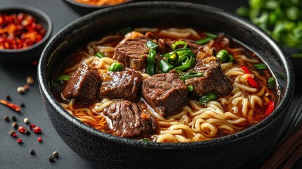 Close-up of a delicious bowl of hot beef noodle soup with tender beef chunks, fresh green onions, and flavorful broth served in a black bowl on a dark surface