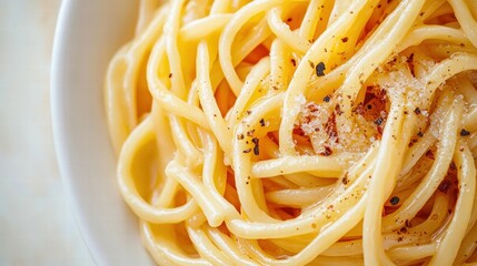 Close-up of freshly cooked spaghetti pasta with garlic, black pepper, and olive oil on a white plate highlighting delicious Italian cuisine details and textures