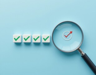 Reviewing with Magnifying Glass Checking Boxes Concept for Quality Control
