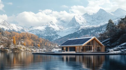 Fototapeta premium Eco-Friendly House on a Lake with Mountain View in Winter