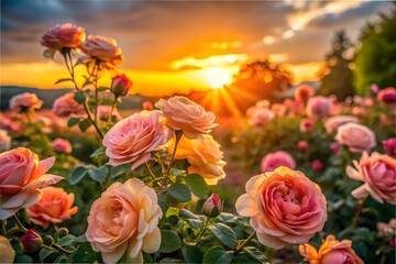 Sunset Illuminating The Petals Of Blooming Roses