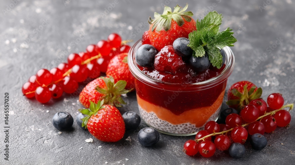 Poster Close-up view of a chia seed pudding parfait with layers of fruit and a mixture of fresh berries, beautifully displayed in a transparent jar on a textured surface