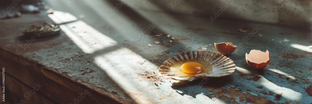 Aufkleber Sunbeam Illuminates Vintage Table With Broken Eggshell and Yolk Creating a Serene Atmosphere in an Old Rustic Setting Generative AI