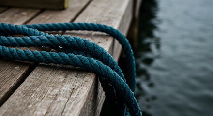 Fototapeta premium Aquatic Blue Rope Resting On Weathered Wooden Dock With Calm Water Backdrop
