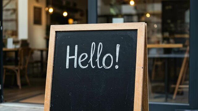 Black chalkboard with hello message displayed in front of a cafe doorway, chalkboard welcoming clients to the restaurant and showing hospitality concept.