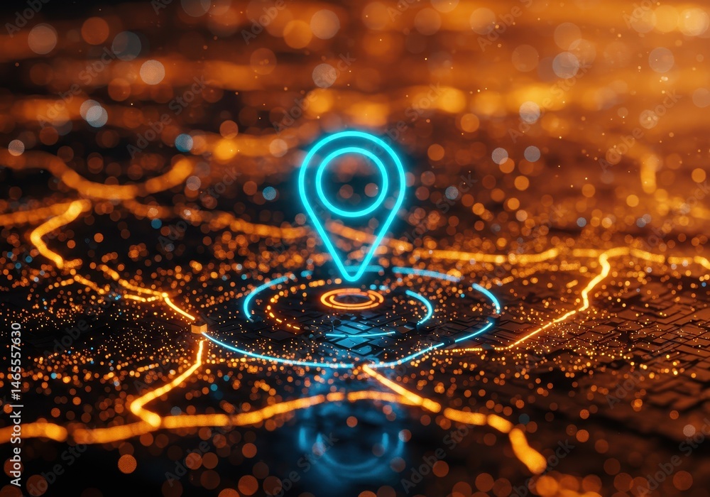 Poster digital map with glowing location pin and circuit board pattern in orange and blue