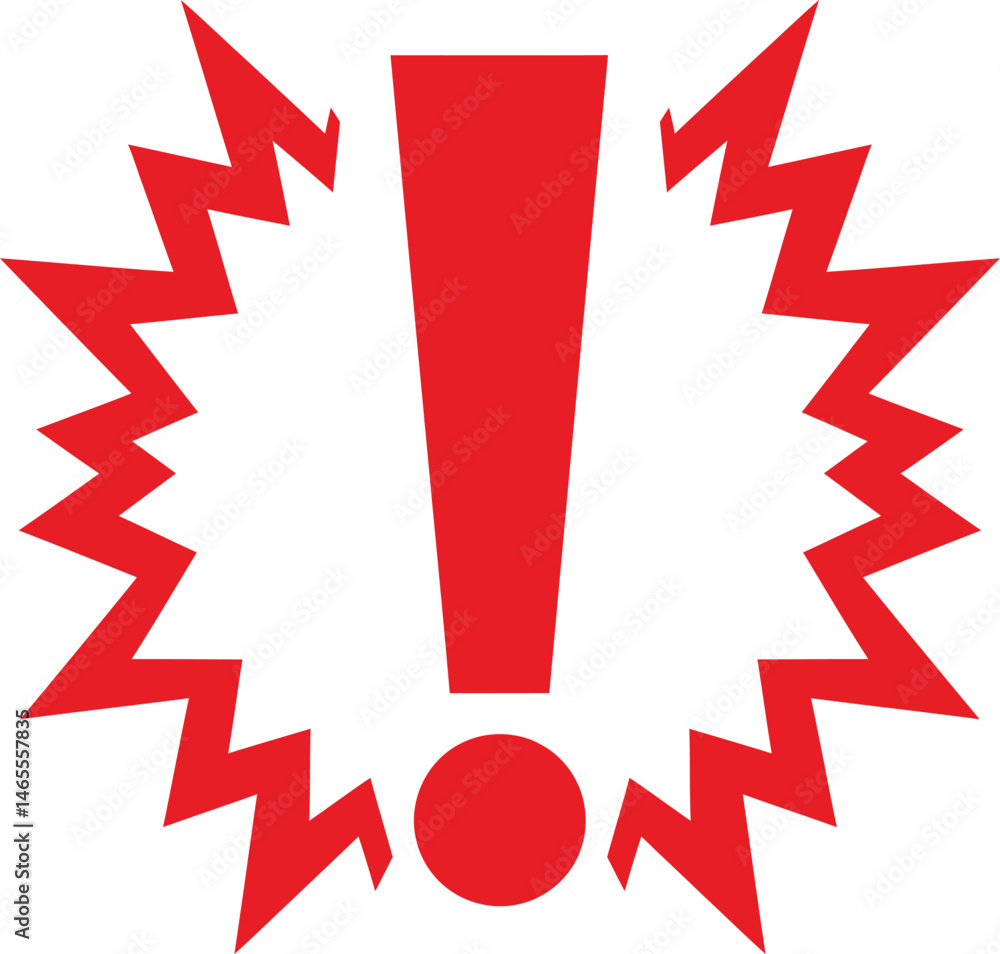 Poster red exclamation point in starburst,warning symbol with spiked circle,attention icon with red exclama