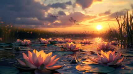 A serene sunset over a pond filled with water lilies.