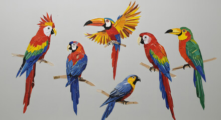 Obraz premium Vibrant tropical parrots crafted from colorful paper on branches