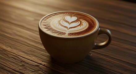 Latte with heart-shaped foam in a ceramic cup on rustic café table