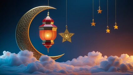 Obraz premium Islamic Lantern Hanging from Crescent Moon for Ramadan