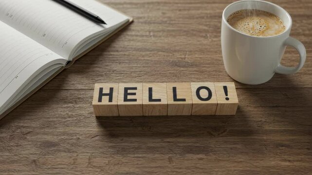 Hello message with coffee and notebook on wooden table. Wooden blocks with greeting, reminder, inspiration message for blog or social media post.