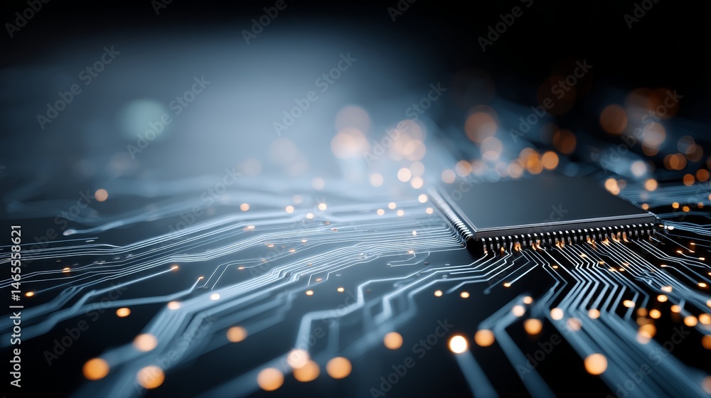Aufkleber Close-up of a microchip featuring brightly lit circuits on a metallic background, emphasizing its intricate design and providing clear space for additional content