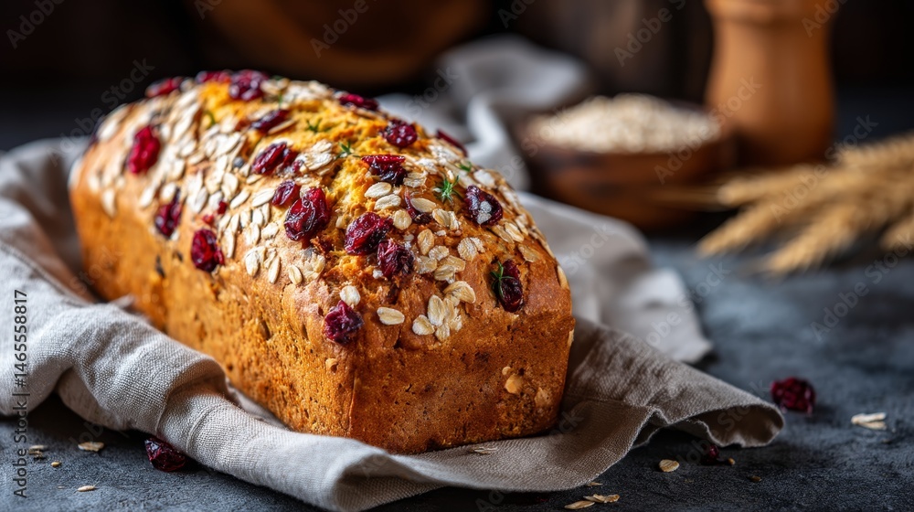 Poster close-up of a freshly baked rustic oat loaf adorned with dried cranberries, elegantly arranged on a 