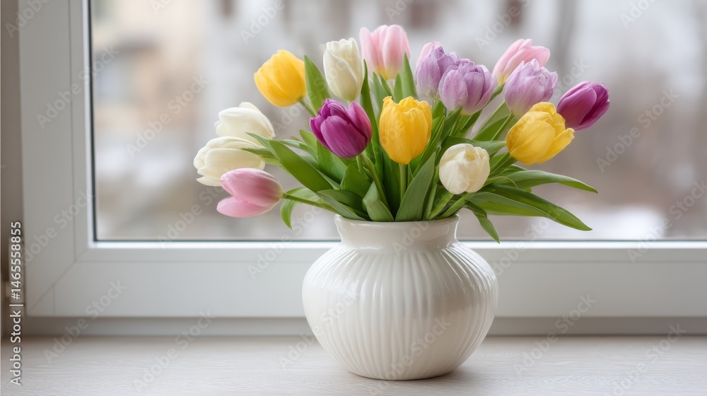 Poster a cluster of colorful tulips in a ceramic vase brightens a windowsill during twilight, creating a wa