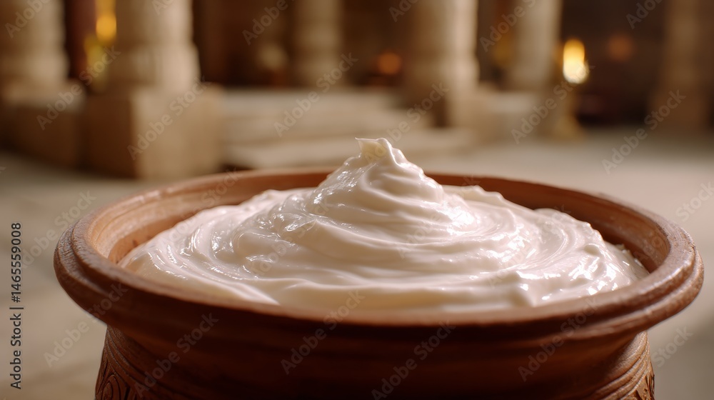 Poster A swirl of frothy coconut cream fills a rustic clay bowl, bathed in gentle light. The composition features inviting textures with open space for creative use