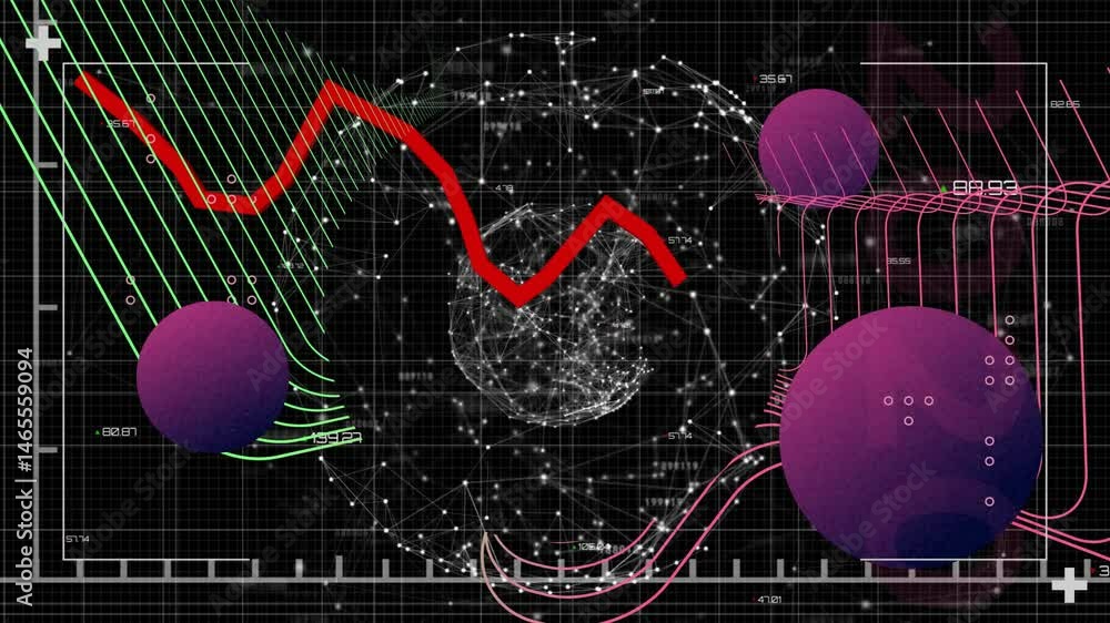 Poster abstract 3d data visualization showing network sphere pulsing on grid with red zigzag line weaving