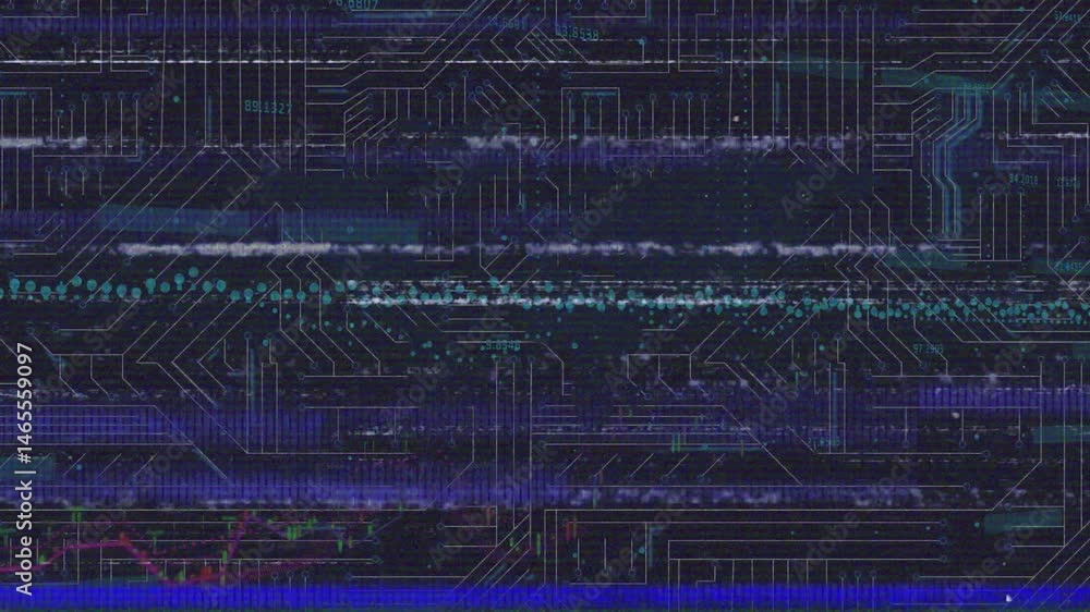 Poster abstract circuit pattern glitching across interface, displaying turquoise data dots and grid lines