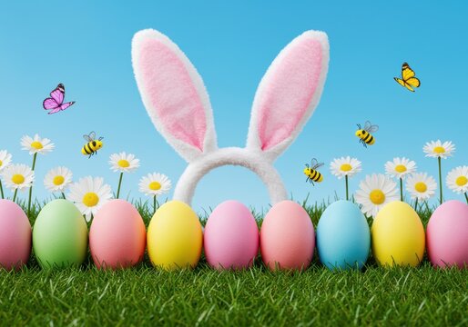 Colorful easter eggs on grass with bunny ears and flying insects against blue sky - Powered by Adobe