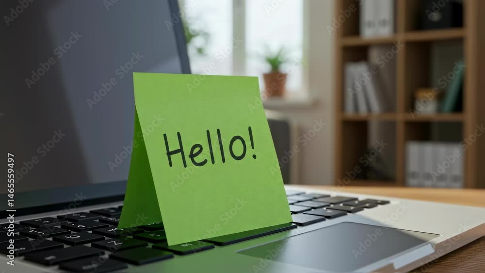 Poster green sticky note with hello message on laptop keyboard. reminder at home or office. using computer 
