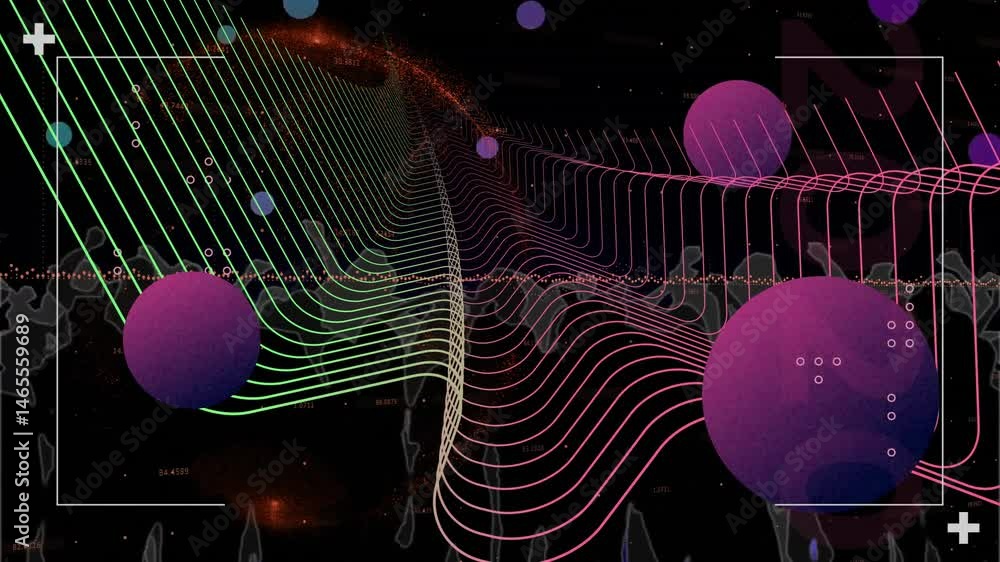 Poster neon gradient waveforms flowing in 3d render, floating purple spheres displaying data