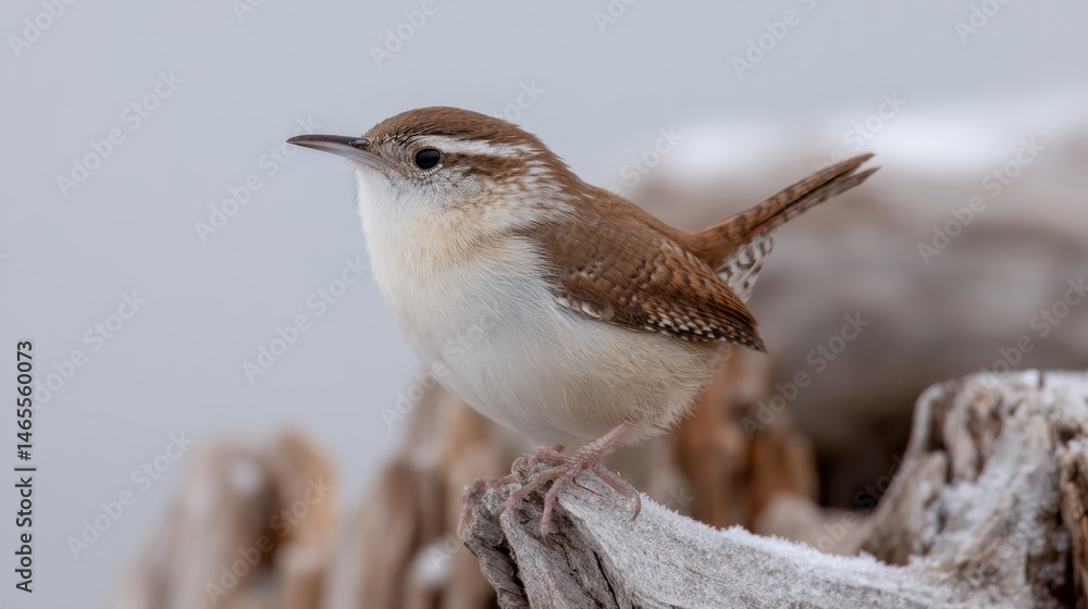 Poster A small wren perches on a frosted twig, its feathers lightly dusted with snow, set against a subtle gray backdrop, creating a tranquil winter scene